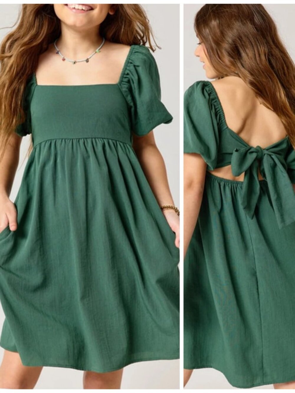 FRANKI BY FRANCESCAS Girl's Green Puff-Sleeve Midi Dress Youth 14